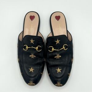 Gucci Princetown Bee Embroidered Mules Leather Horsebit Flat 40